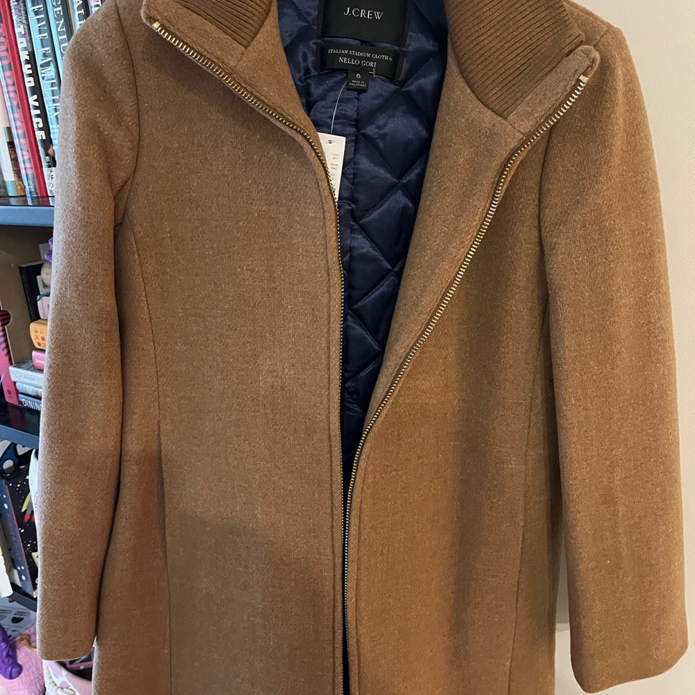 J.Crew Camel Brown Wool-Blend Pea Coat with Navy Quilted Lining